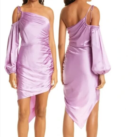NEW Cinq A Sept 100% Silk Lavender One Shoulder Ruched Asymmetric Dress - Picture 9 of 10